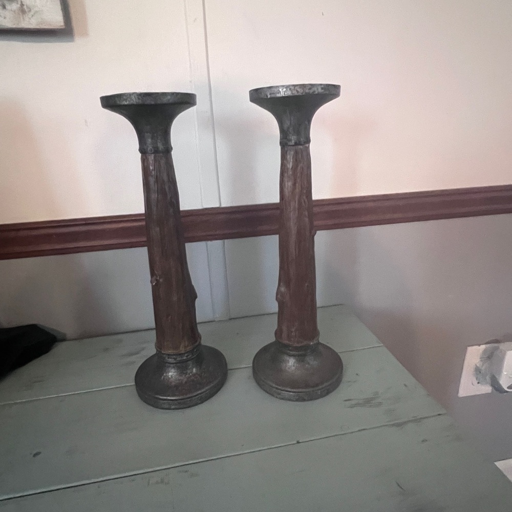 Rustic Brown Wood and Metal Pillar Candle Holders - Set of 2
13 1/4”